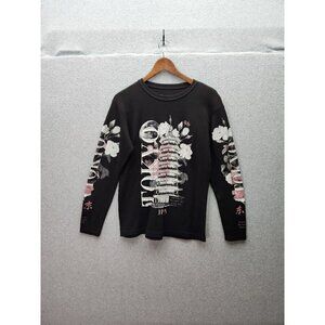 Tokyo Graphic Long Sleeve Shirt By Weekend Warrior  M  Black Waffle Knit Cotton